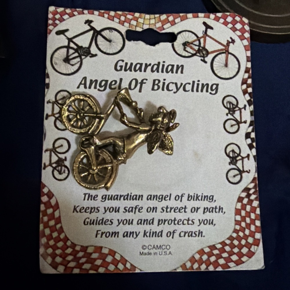 Camco Angel on Bicycle Lapel Pin Winged Cherub with Halo Gold-Tone